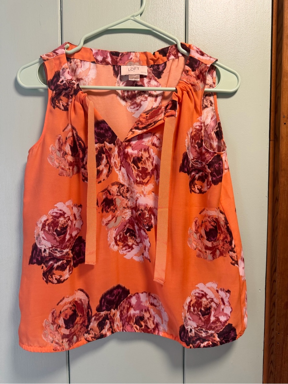 Ann Taylor Coral Floral Tie-Neck Sleeveless Blouse